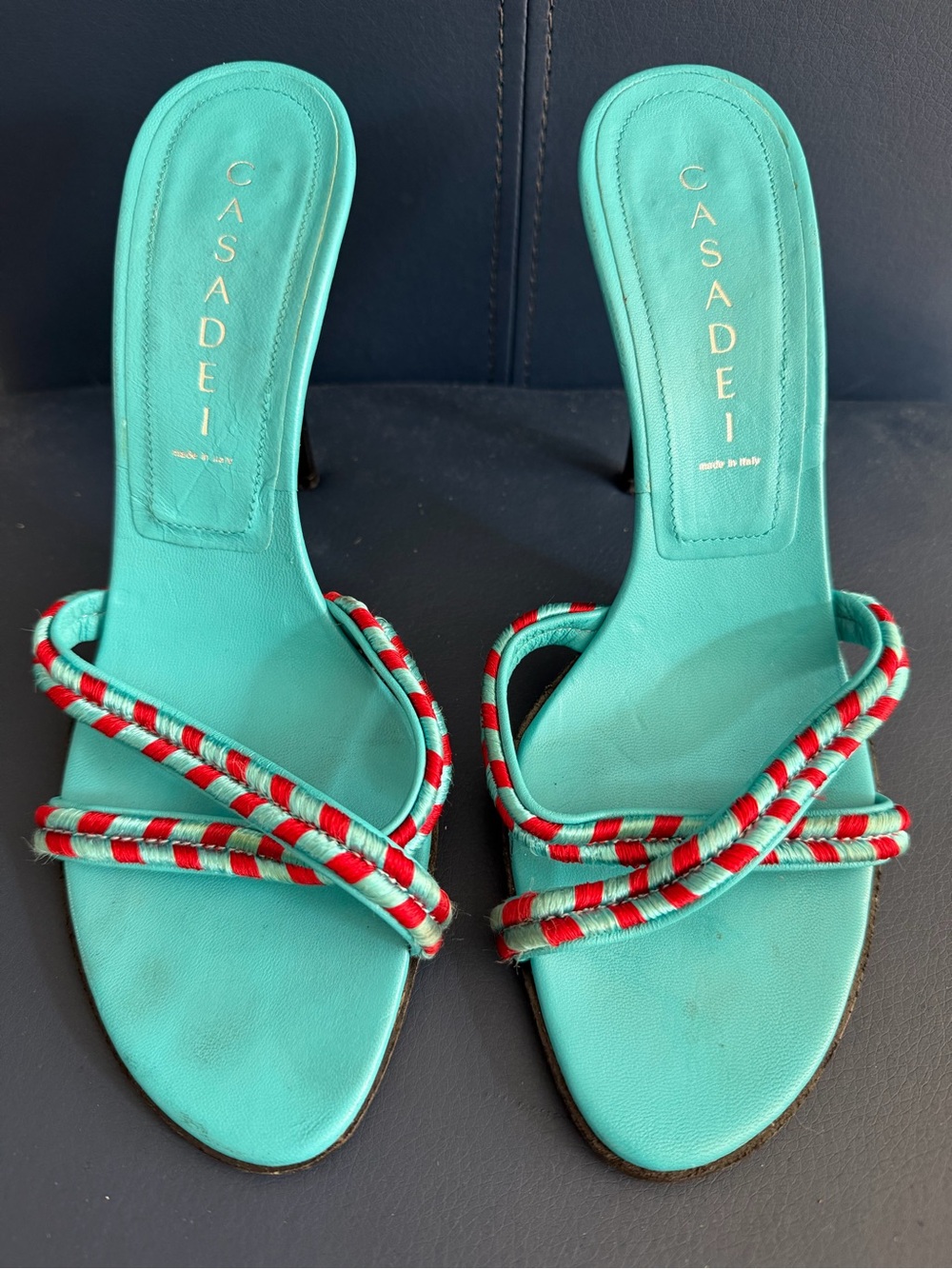 Casadei Turquoise Slide Mules with Red-Trim Braided Straps